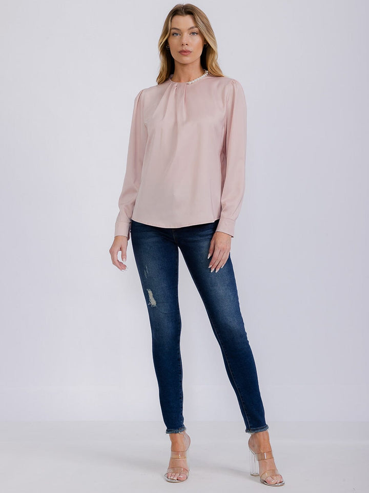 WOMEN'S LONG SLEEVE PEARL NECK DETAILED BLOUSE