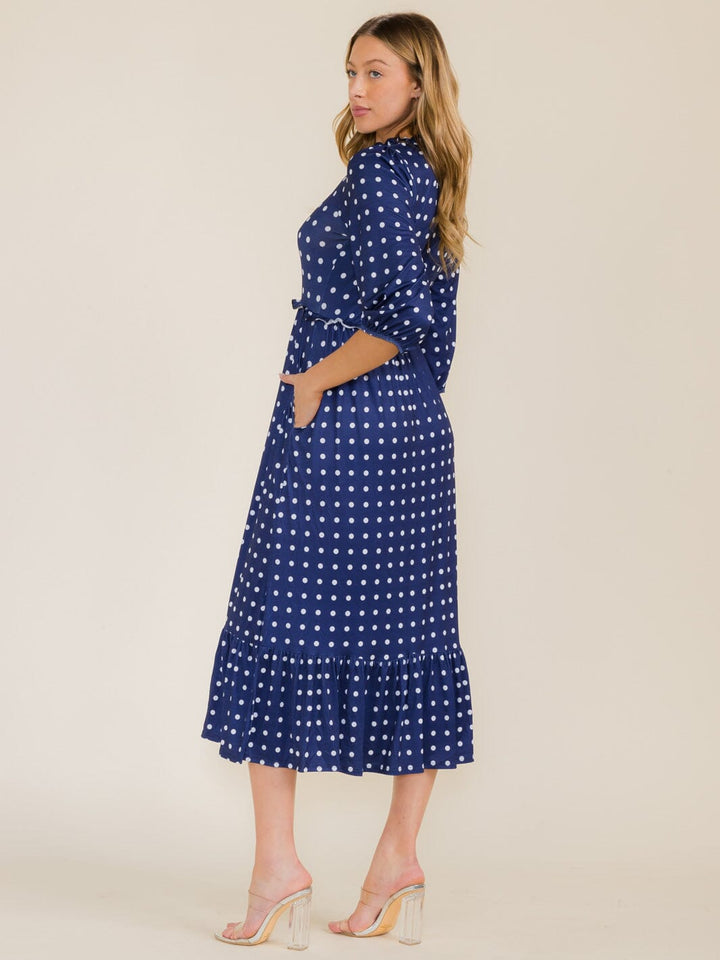 WOMEN'S 3/4 SLEEVE FRONT POCKETS POLKA DOTS MAXI DRESS