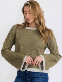 WOMEN'S LONG BELL SLEEVE COLORBLOCK PULLOVER SWEATER