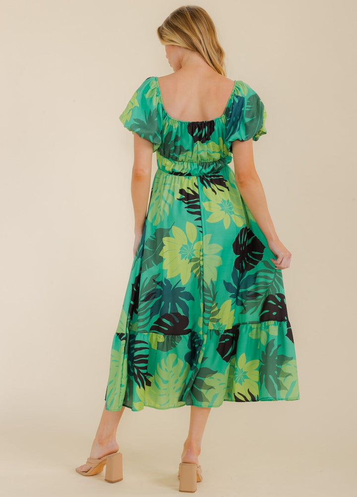 WOMEN'S SHORT PUFF SLEEVE TIERED ELASTIC WAIST LEAF PRINT MAXI DRESS