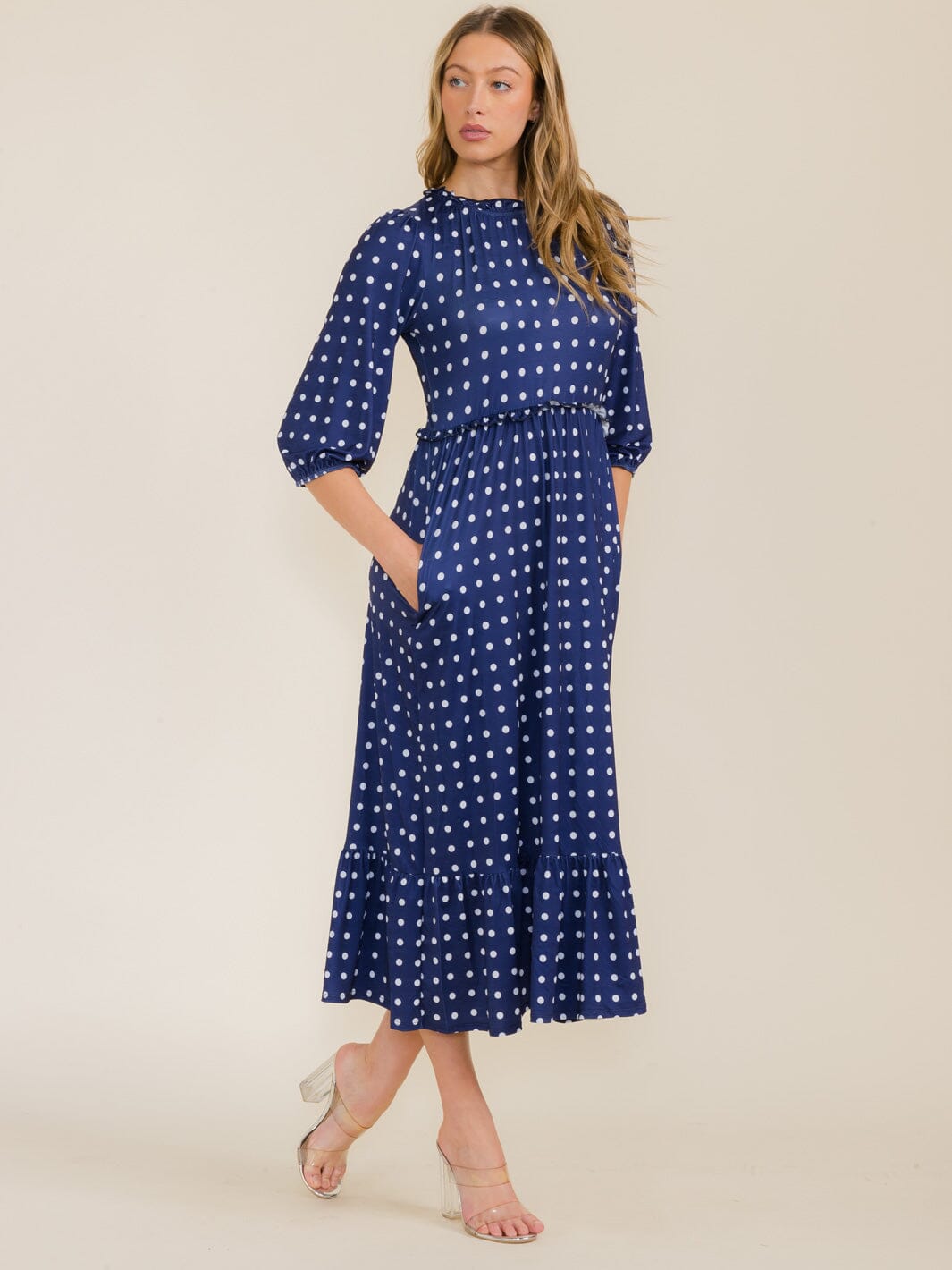 WOMEN'S 3/4 SLEEVE FRONT POCKETS POLKA DOTS MAXI DRESS