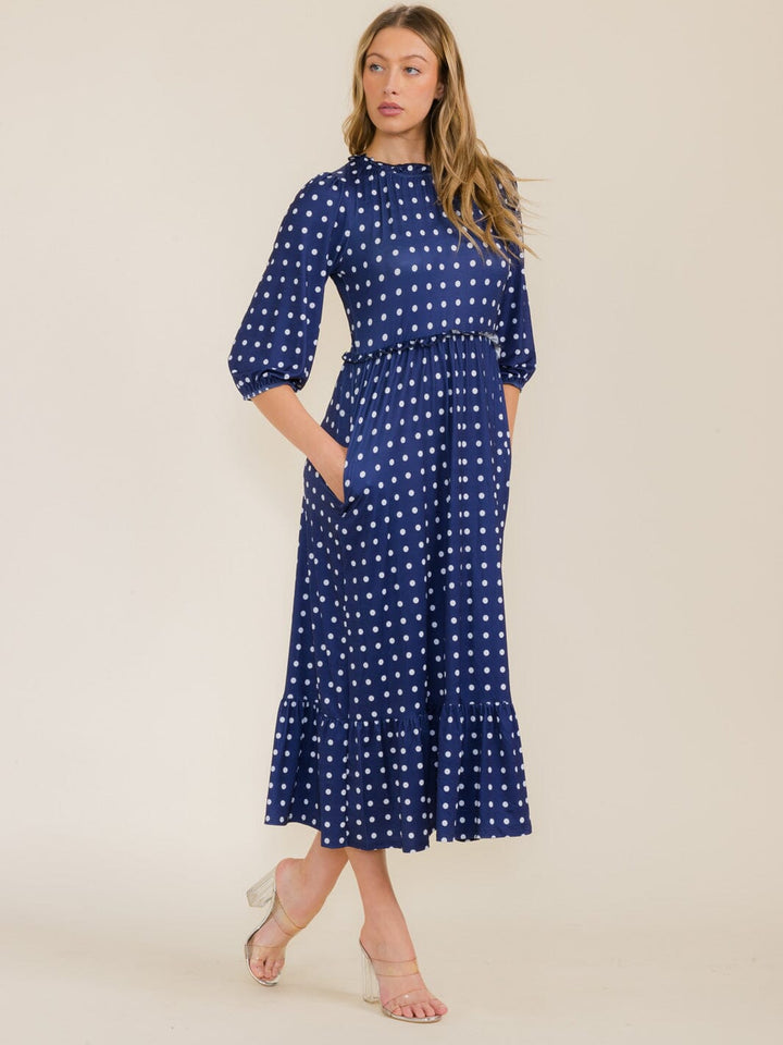 WOMEN'S 3/4 SLEEVE FRONT POCKETS POLKA DOTS MAXI DRESS