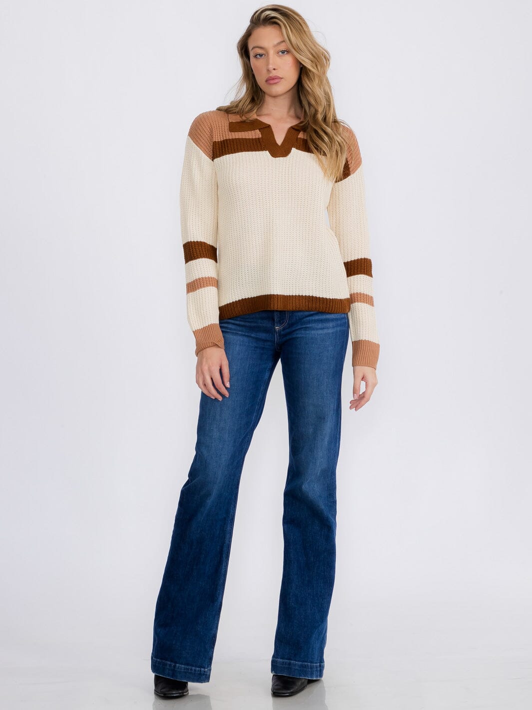 WOMEN'S LONG SLEEVE V-NECK KNIT COLORBLOCK PULLOVER SWEATER