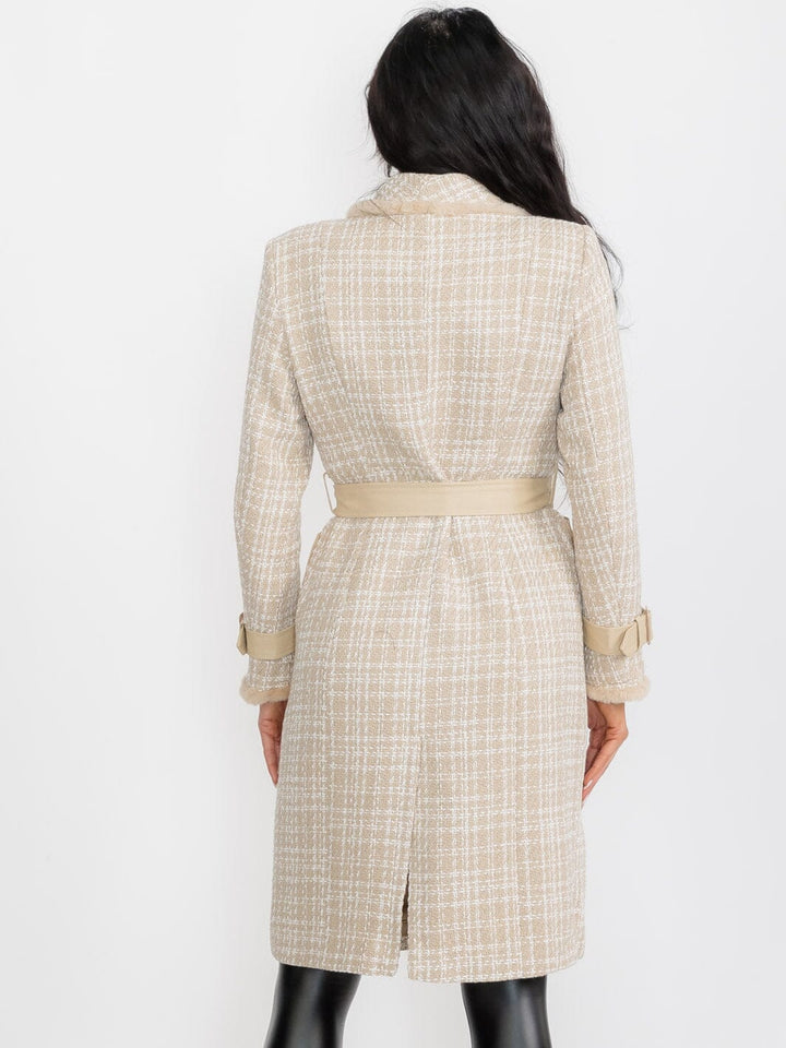 WOMEN'S LONG SLEEVE BUTTON CLOSURE FRONT POCKETS PLAID TWEED COAT