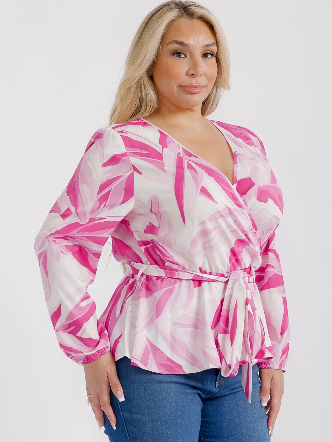 PLUS SIZE LONG SLEEVES SURPLICE SELF TIE MULTI PRINT BLOUSE