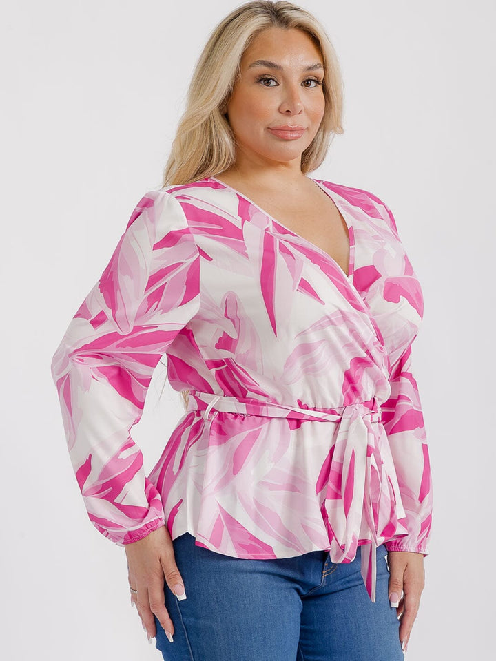 PLUS SIZE LONG SLEEVES SURPLICE SELF TIE MULTI PRINT BLOUSE
