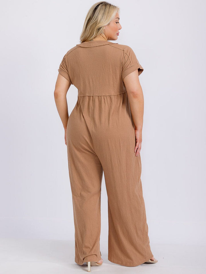 PLUS SIZE SHORT SLEEVE V-NECK BUTTON UP FRONT POCKETS WIDE LEG JUMPSUIT