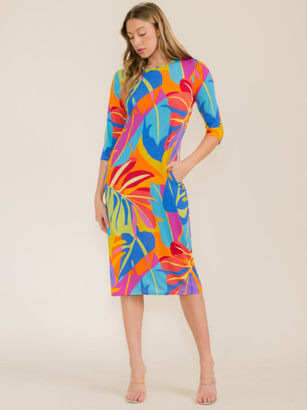 WOMEN'S 3/4 SLEEVE FRONT POCKETS MULTI PRINT TUNIC MIDI DRESS