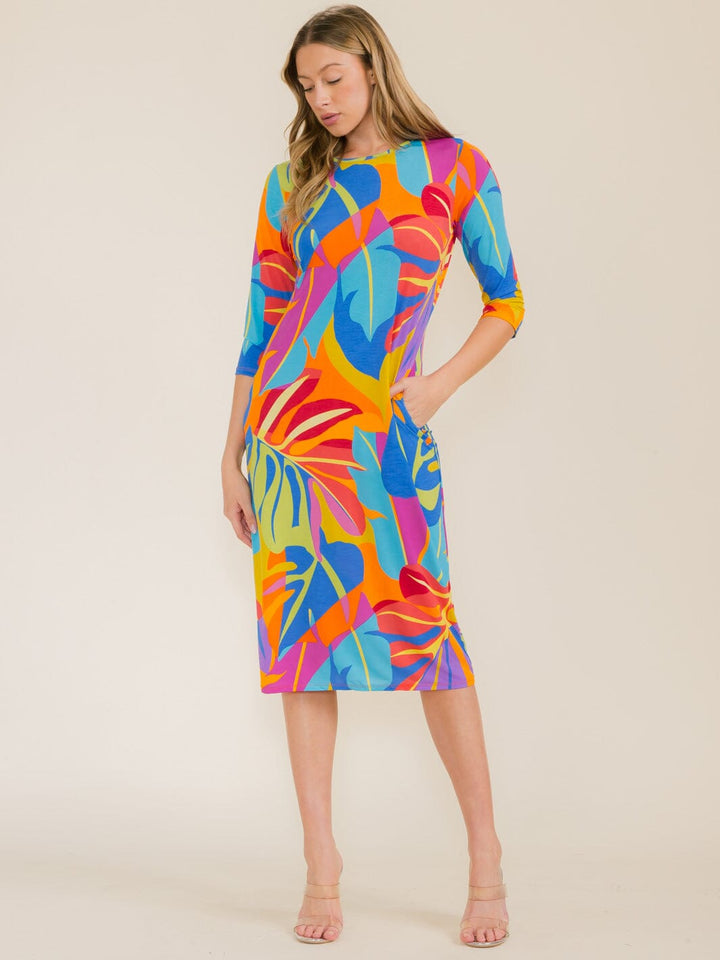 WOMEN'S 3/4 SLEEVE FRONT POCKETS MULTI PRINT TUNIC MIDI DRESS