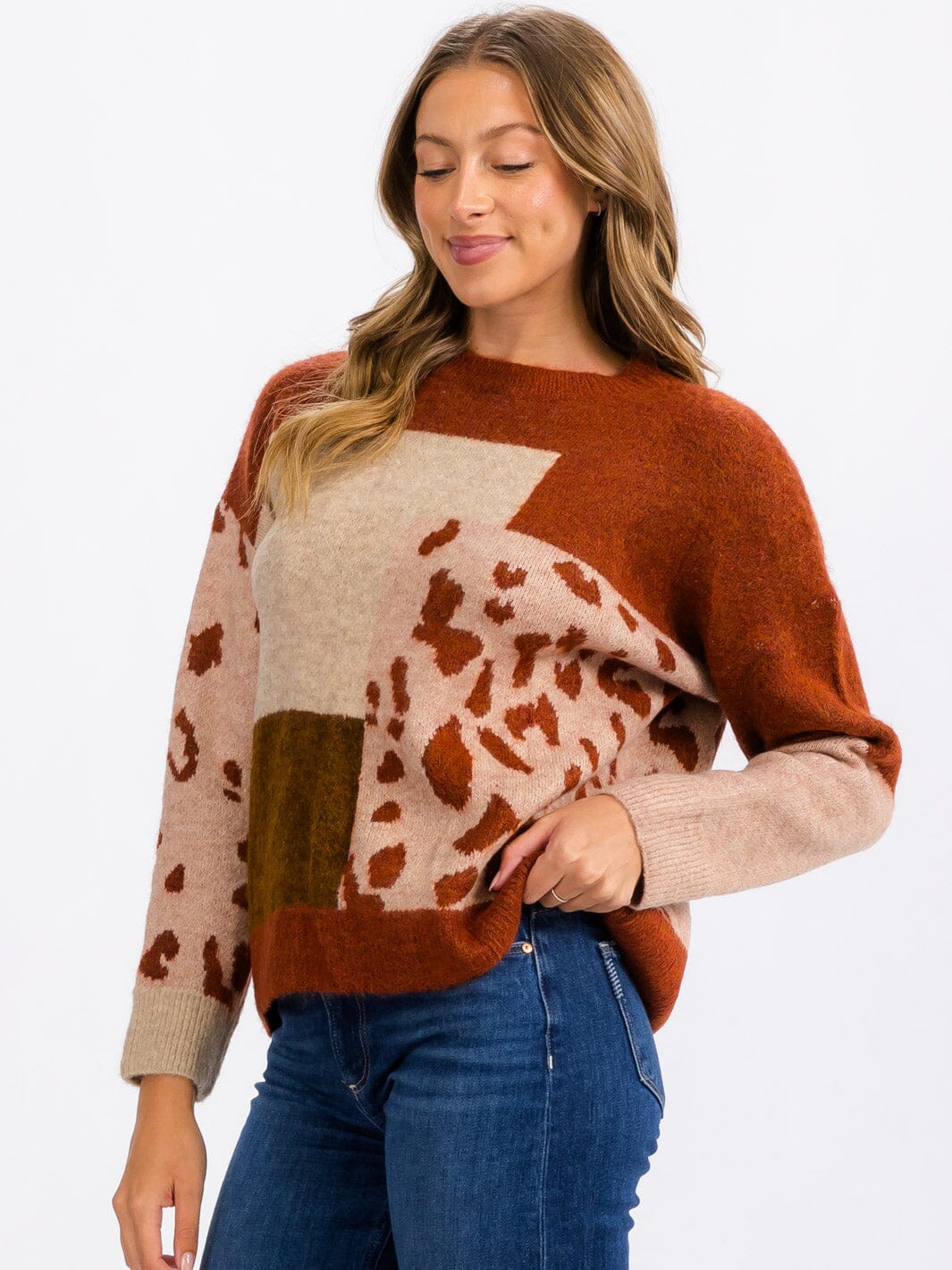 WOMEN'S LONG SLEEVE COLORBLOCK ANIMAL PRINT PULLOVER SWEATER