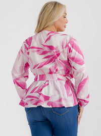 PLUS SIZE LONG SLEEVES SURPLICE SELF TIE MULTI PRINT BLOUSE