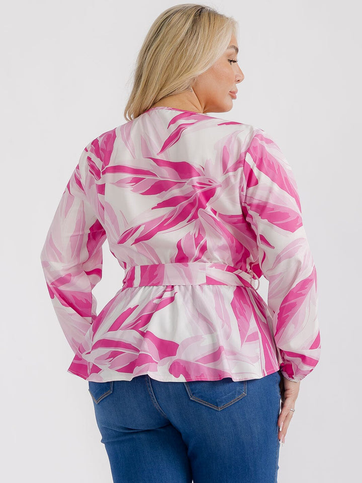 PLUS SIZE LONG SLEEVES SURPLICE SELF TIE MULTI PRINT BLOUSE