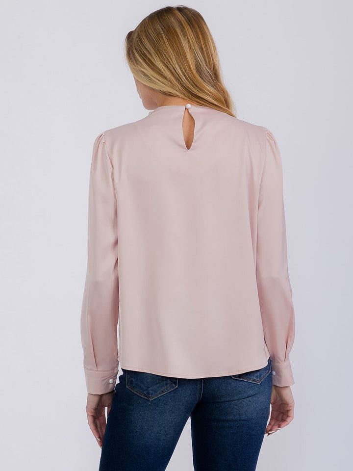 WOMEN'S LONG SLEEVE PEARL NECK DETAILED BLOUSE