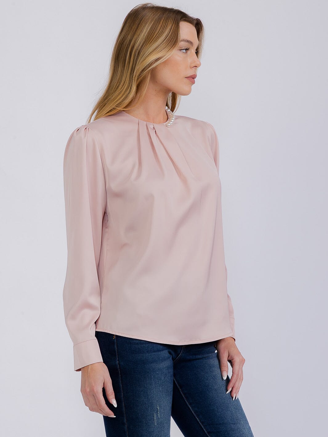 WOMEN'S LONG SLEEVE PEARL NECK DETAILED BLOUSE