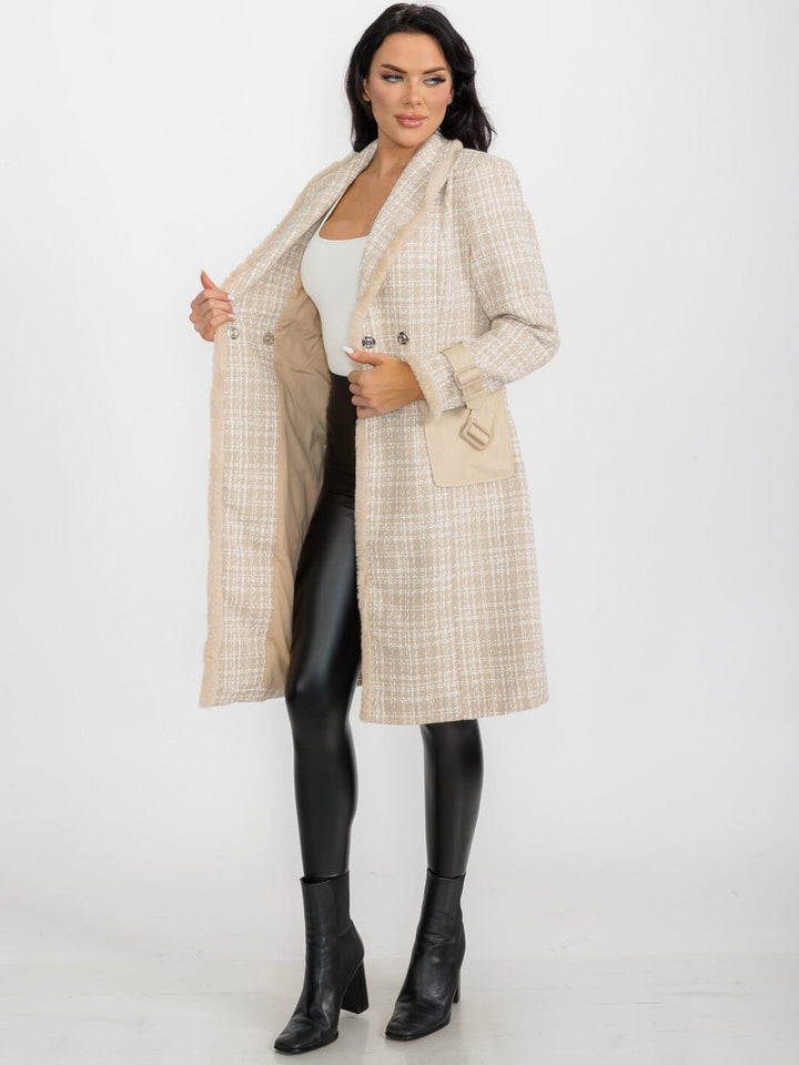 WOMEN'S LONG SLEEVE BUTTON CLOSURE FRONT POCKETS PLAID TWEED COAT