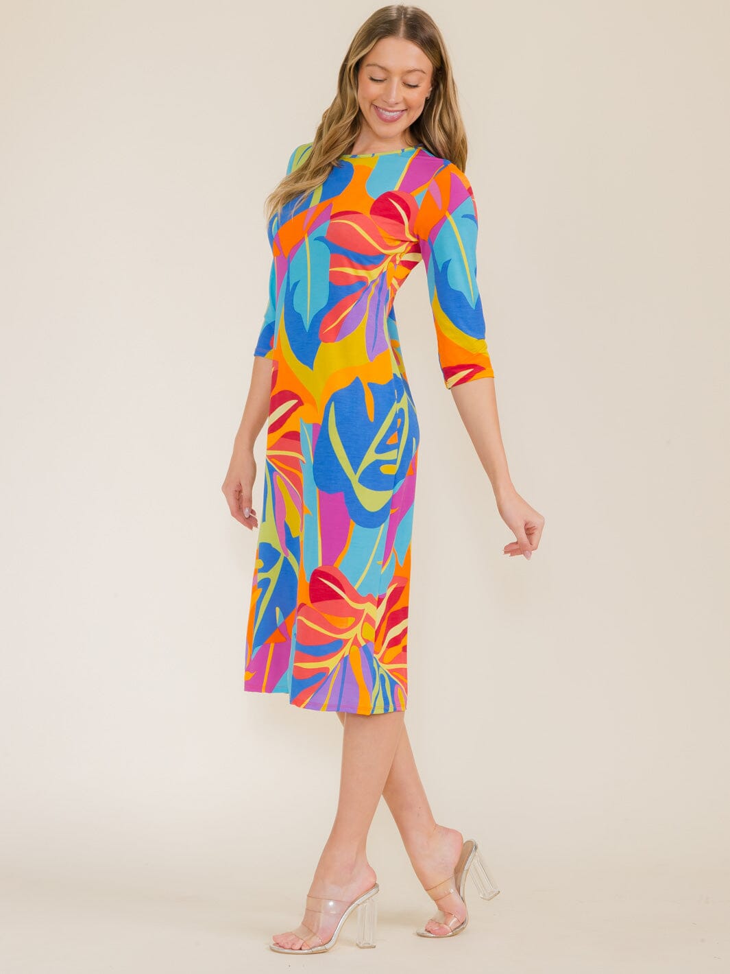 WOMEN'S 3/4 SLEEVE FRONT POCKETS MULTI PRINT TUNIC MIDI DRESS