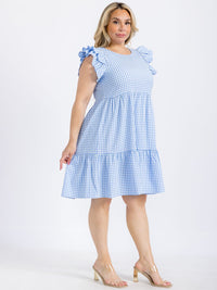 PLUS SIZE RUFFLE SLEEVE TIERED TUNIC PLAID MINI DRESS