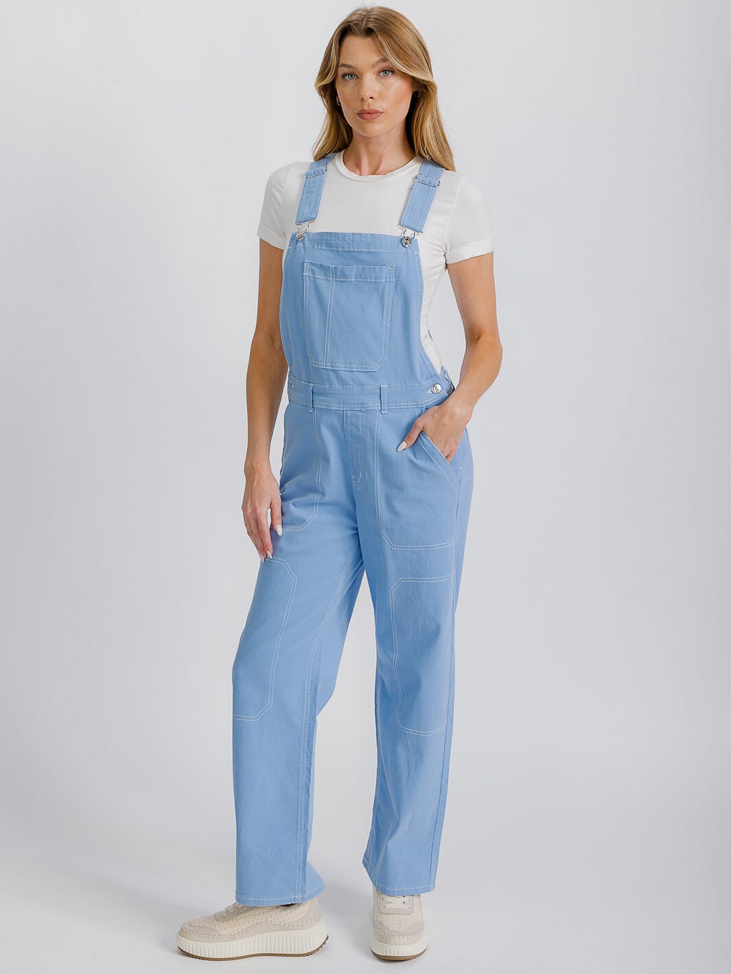 WOMEN'S BUTTON CLOSURE POCKETS WIDE LEG DENIM OVERALL