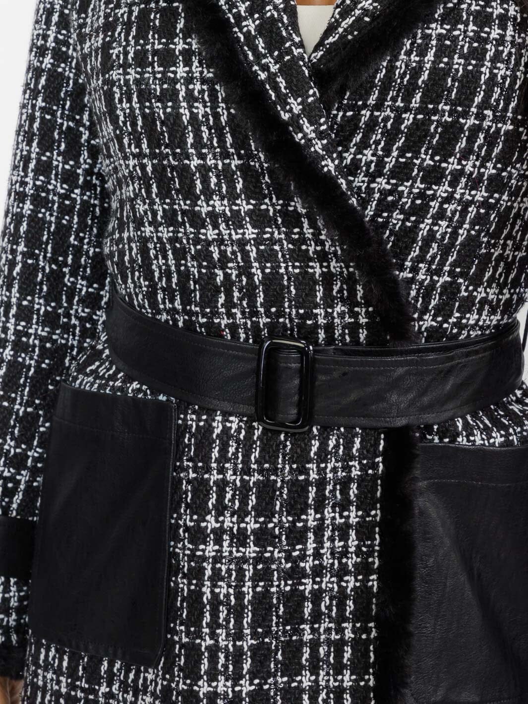 WOMEN'S LONG SLEEVE BUTTON CLOSURE FRONT POCKETS PLAID TWEED COAT