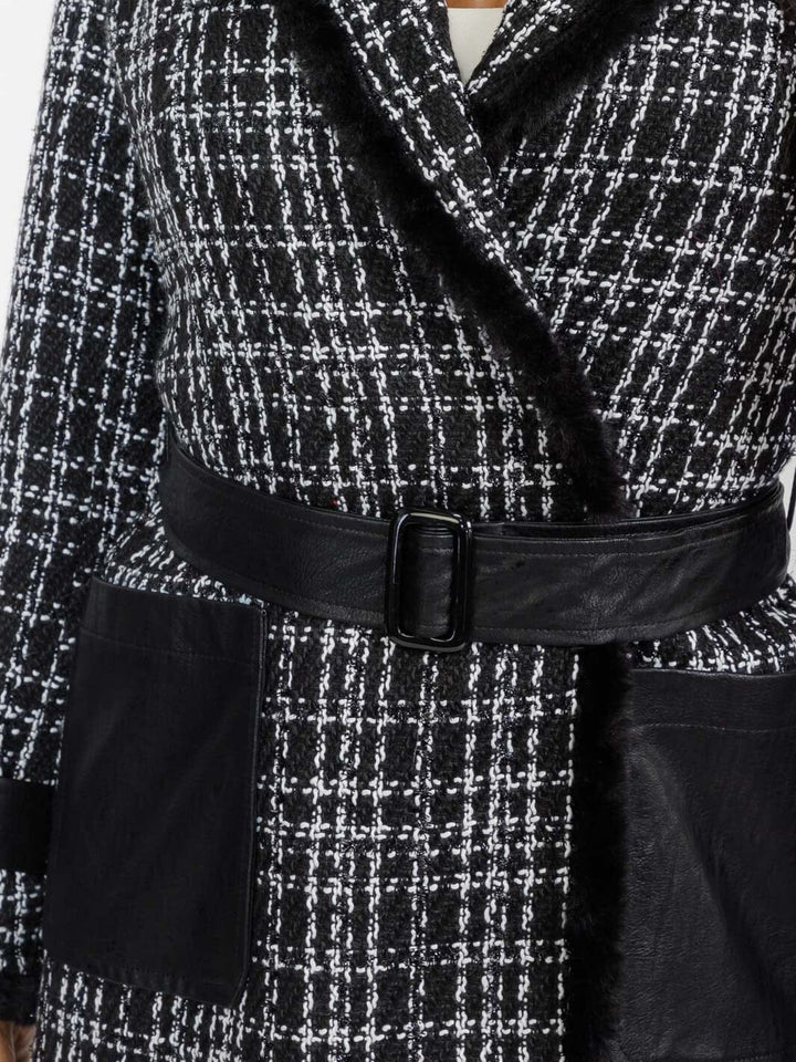 WOMEN'S LONG SLEEVE BUTTON CLOSURE FRONT POCKETS PLAID TWEED COAT