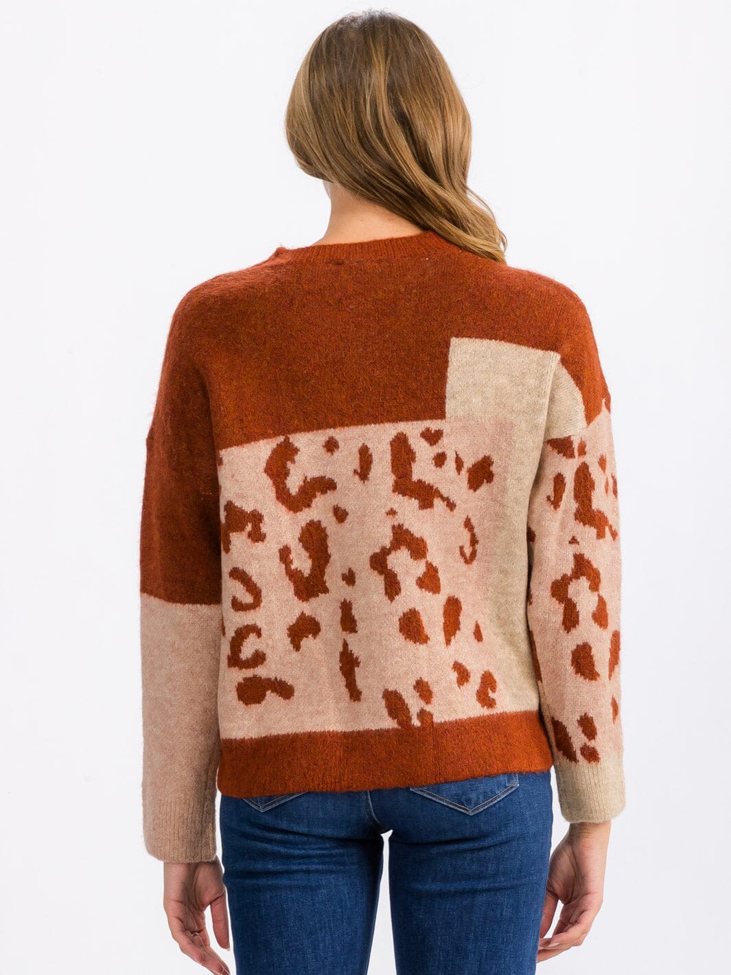 WOMEN'S LONG SLEEVE COLORBLOCK ANIMAL PRINT PULLOVER SWEATER