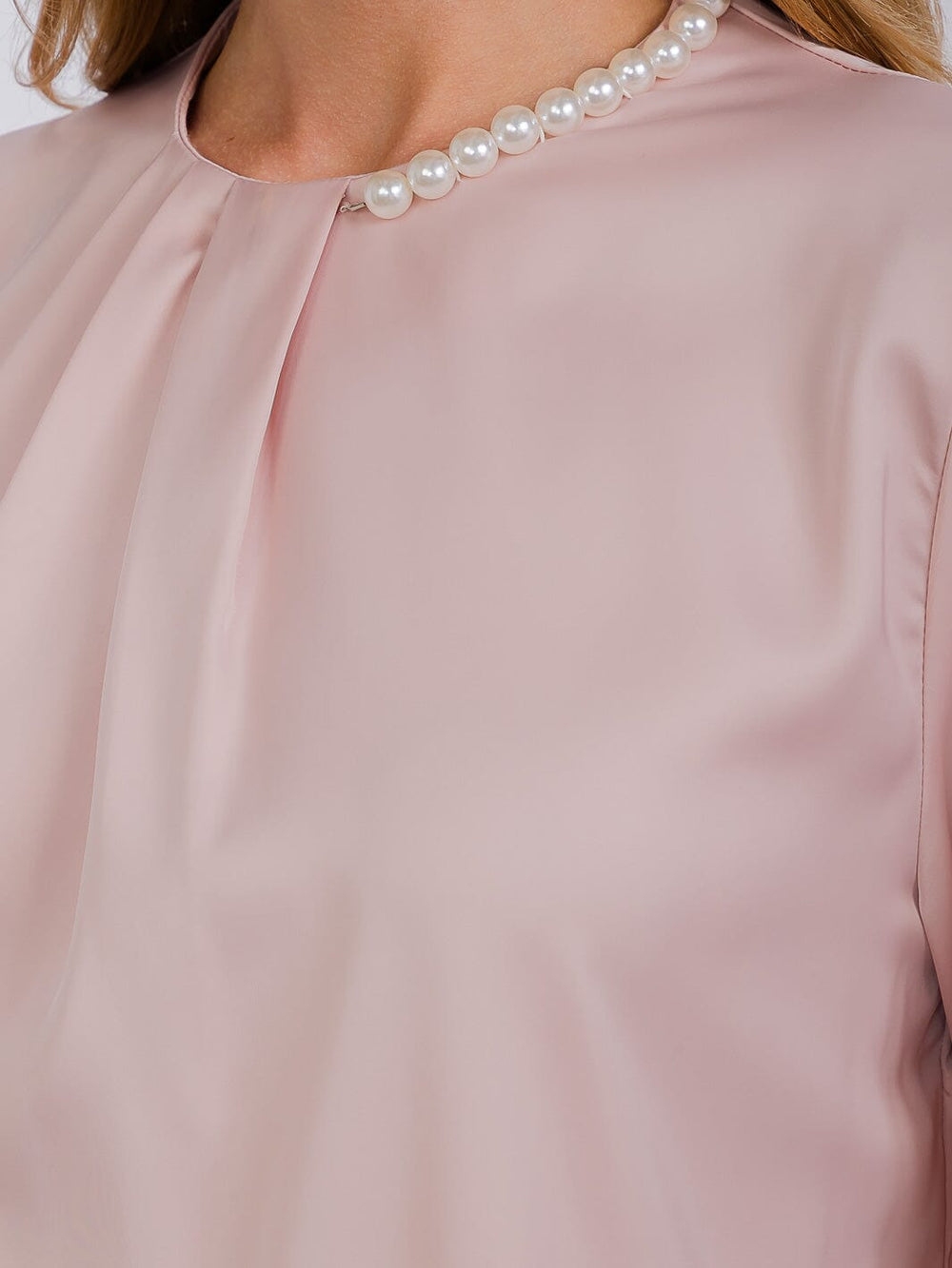 WOMEN'S LONG SLEEVE PEARL NECK DETAILED BLOUSE