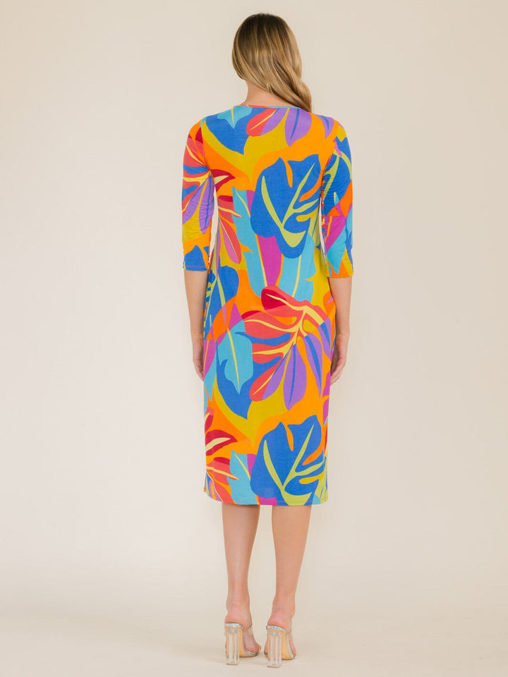 WOMEN'S 3/4 SLEEVE FRONT POCKETS MULTI PRINT TUNIC MIDI DRESS