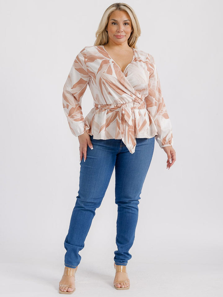 PLUS SIZE LONG SLEEVES SURPLICE SELF TIE MULTI PRINT BLOUSE