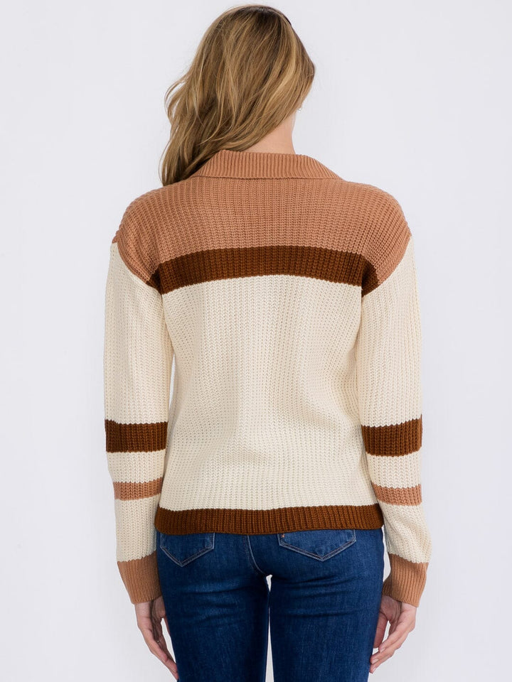 WOMEN'S LONG SLEEVE V-NECK KNIT COLORBLOCK PULLOVER SWEATER