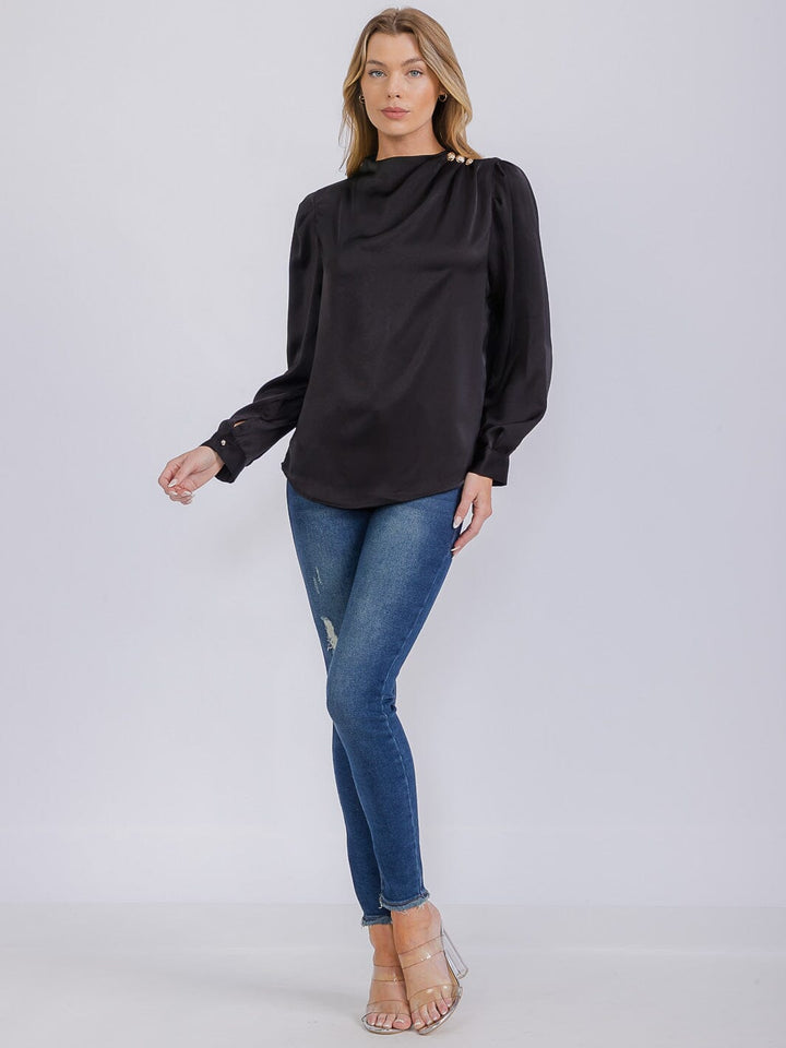 WOMEN'S LONG SLEEVE BUTTONS NECK DETAILED BLOUSE