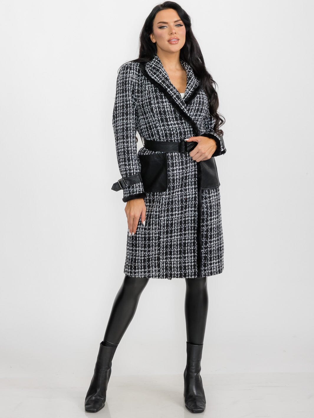 WOMEN'S LONG SLEEVE BUTTON CLOSURE FRONT POCKETS PLAID TWEED COAT