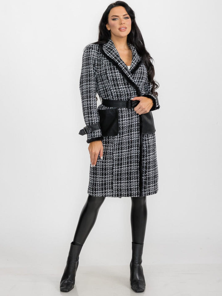 WOMEN'S LONG SLEEVE BUTTON CLOSURE FRONT POCKETS PLAID TWEED COAT