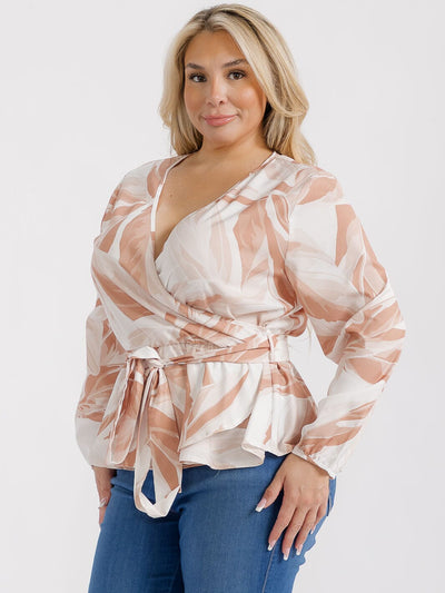 PLUS SIZE LONG SLEEVES SURPLICE SELF TIE MULTI PRINT BLOUSE