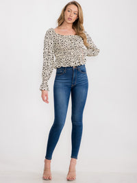 WOMEN'S LONG SLEEVE SMOCK ANIMAL PRINT BLOUSE