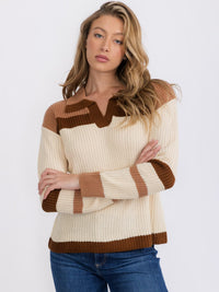 WOMEN'S LONG SLEEVE V-NECK KNIT COLORBLOCK PULLOVER SWEATER