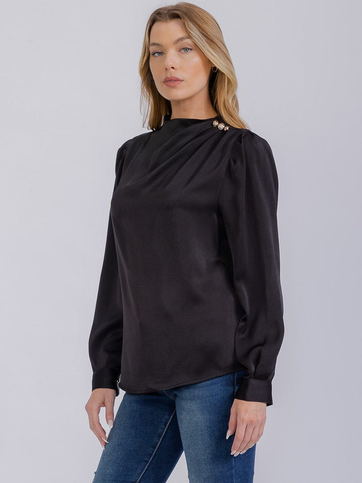 WOMEN'S LONG SLEEVE BUTTONS NECK DETAILED BLOUSE