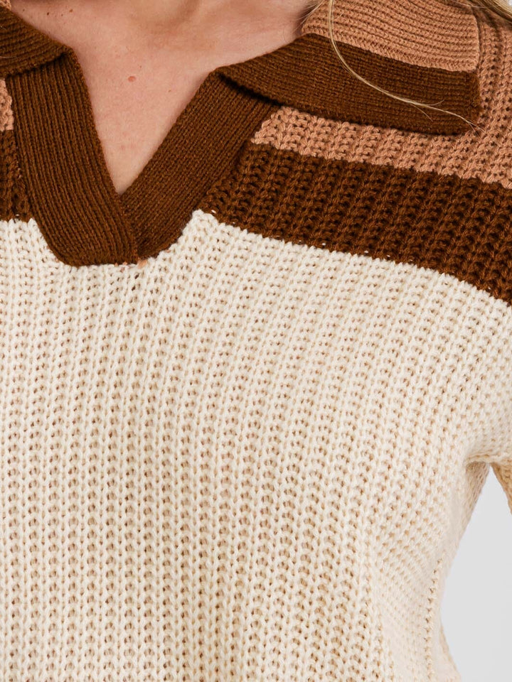 WOMEN'S LONG SLEEVE V-NECK KNIT COLORBLOCK PULLOVER SWEATER