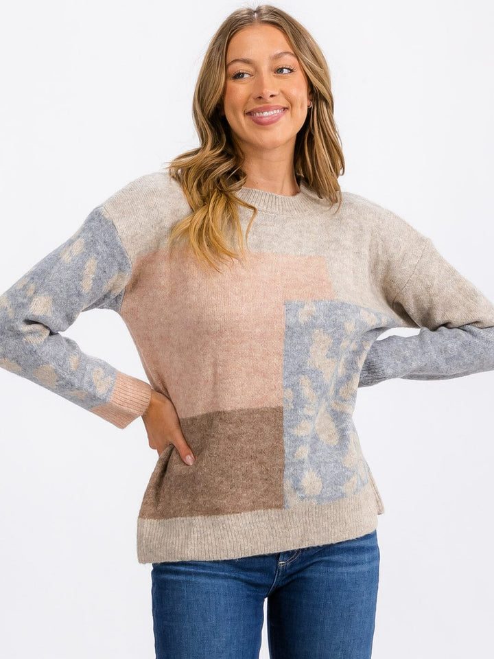 WOMEN'S LONG SLEEVE COLORBLOCK ANIMAL PRINT PULLOVER SWEATER
