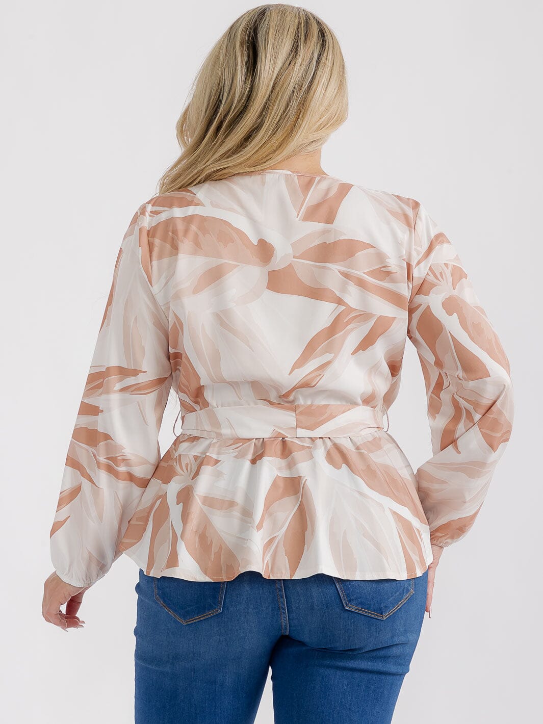 PLUS SIZE LONG SLEEVES SURPLICE SELF TIE MULTI PRINT BLOUSE
