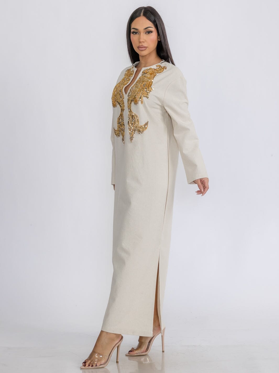 WOMEN'S LONG SLEEVE V-NECK SEQUINS DETAILED TUNIC MAXI DRESS