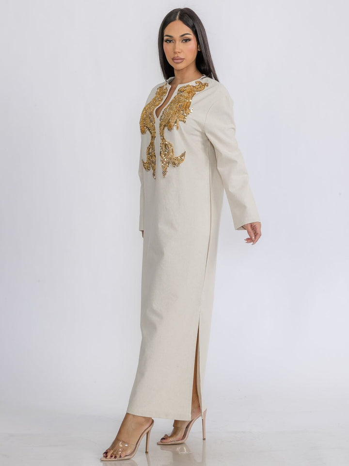 WOMEN'S LONG SLEEVE V-NECK SEQUINS DETAILED TUNIC MAXI DRESS