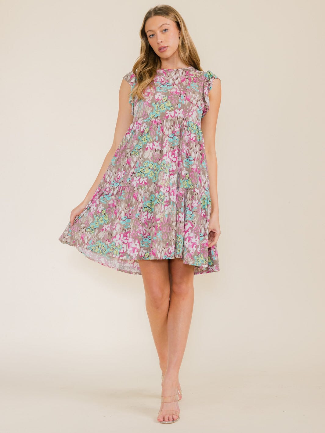 WOMEN'S RUFFLE SLEEVE FLORAL PRINT TUNIC HIGH-LOW FRONT POCKETS MINI DRESS