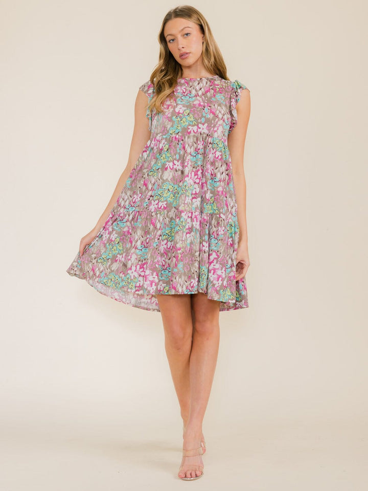 WOMEN'S RUFFLE SLEEVE FLORAL PRINT TUNIC HIGH-LOW FRONT POCKETS MINI DRESS