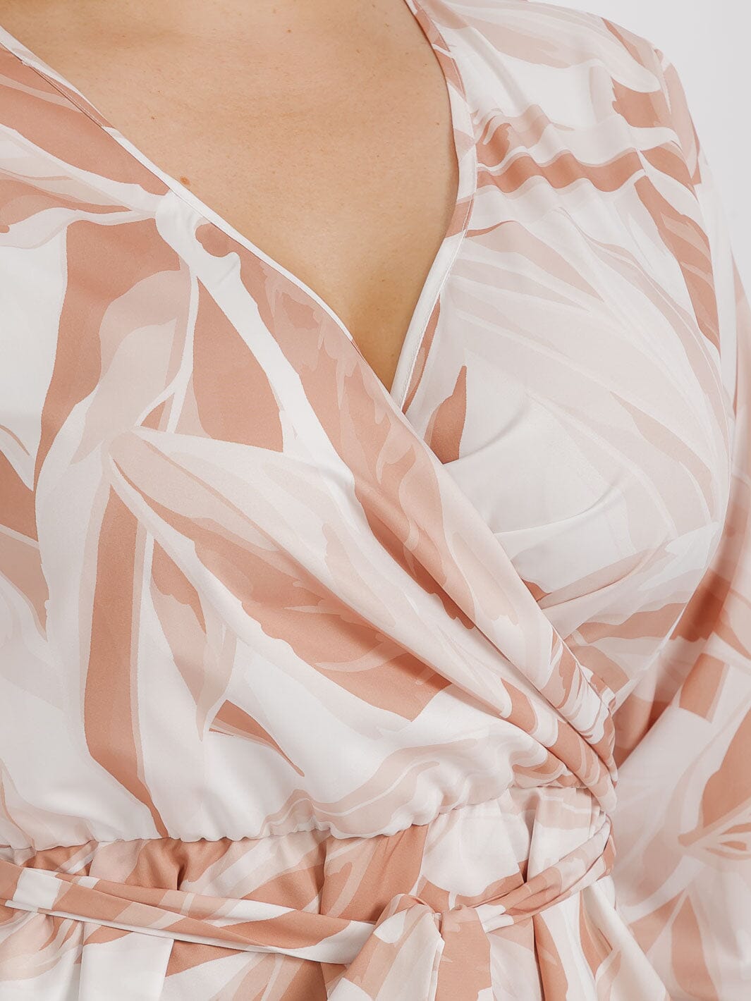 PLUS SIZE LONG SLEEVES SURPLICE SELF TIE MULTI PRINT BLOUSE