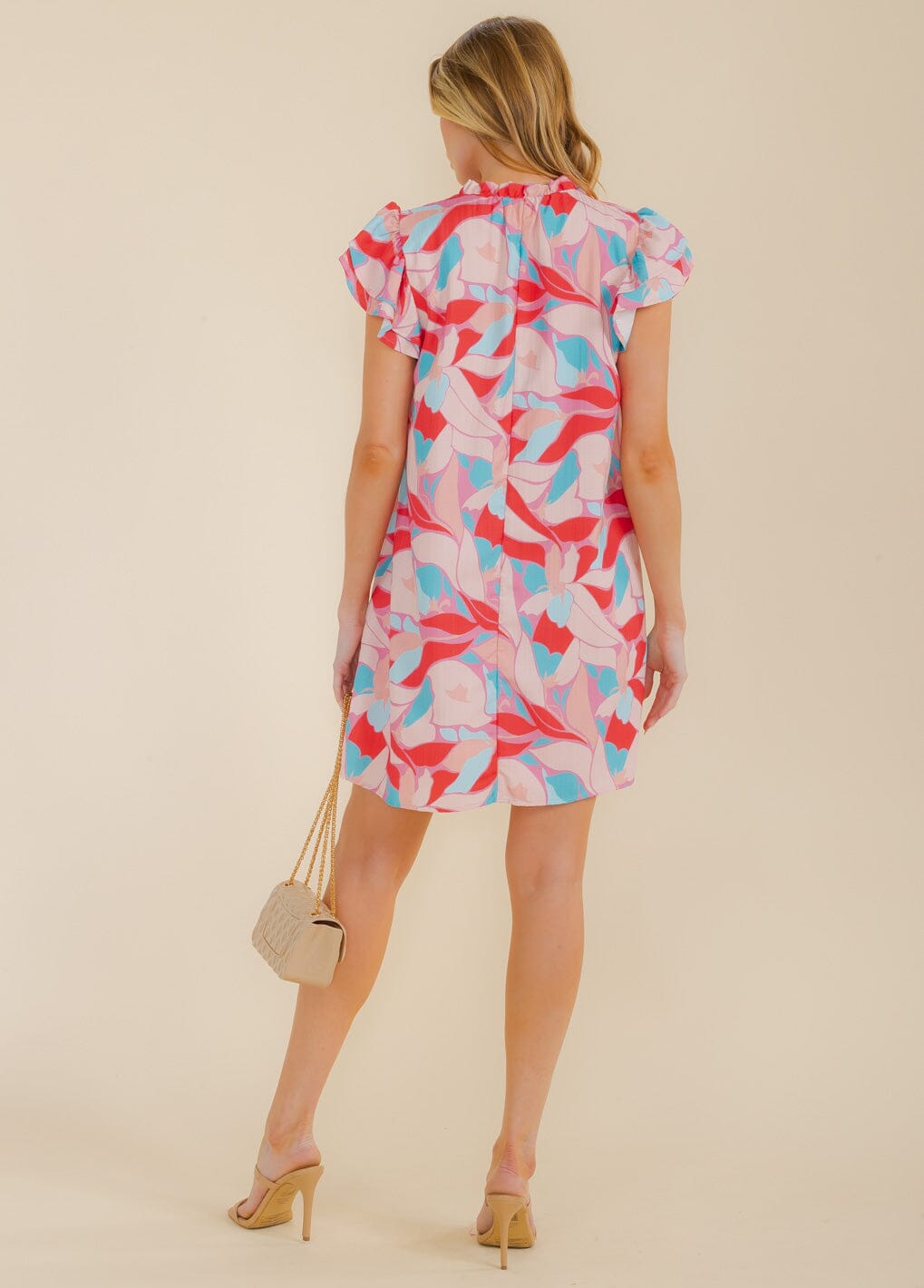 WOMEN'S RUFFLE SLEEVE V-NECK LEAF PRINT COLORBLOCK TUNIC MINI DRESS