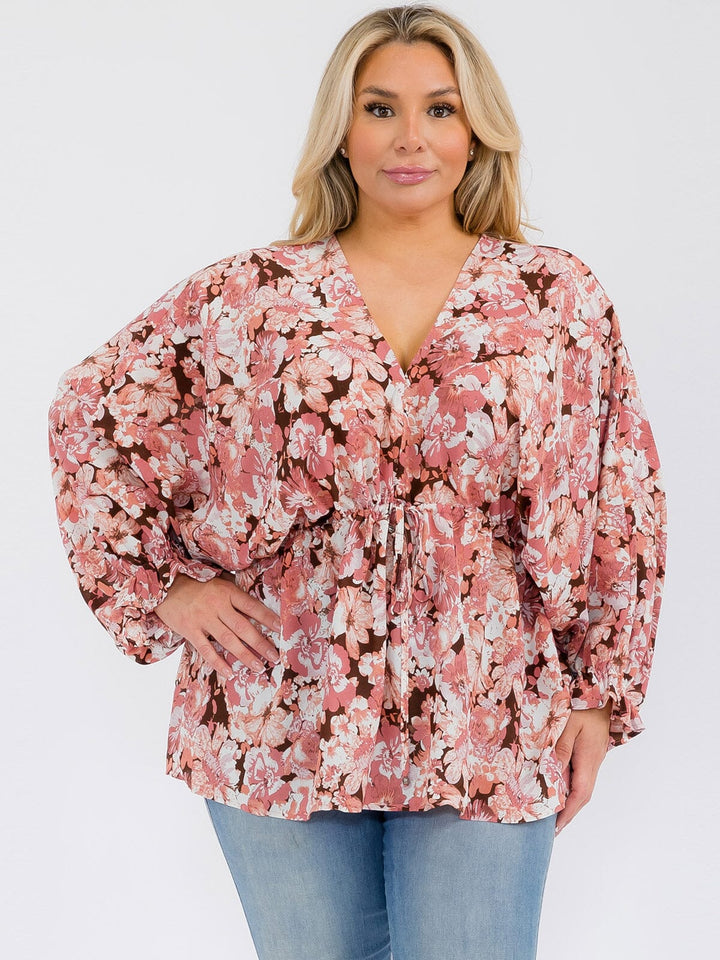 PLUS SIZE LONG SLEEVE V-NECK RUFFLE FLORAL BLOUSE TOP