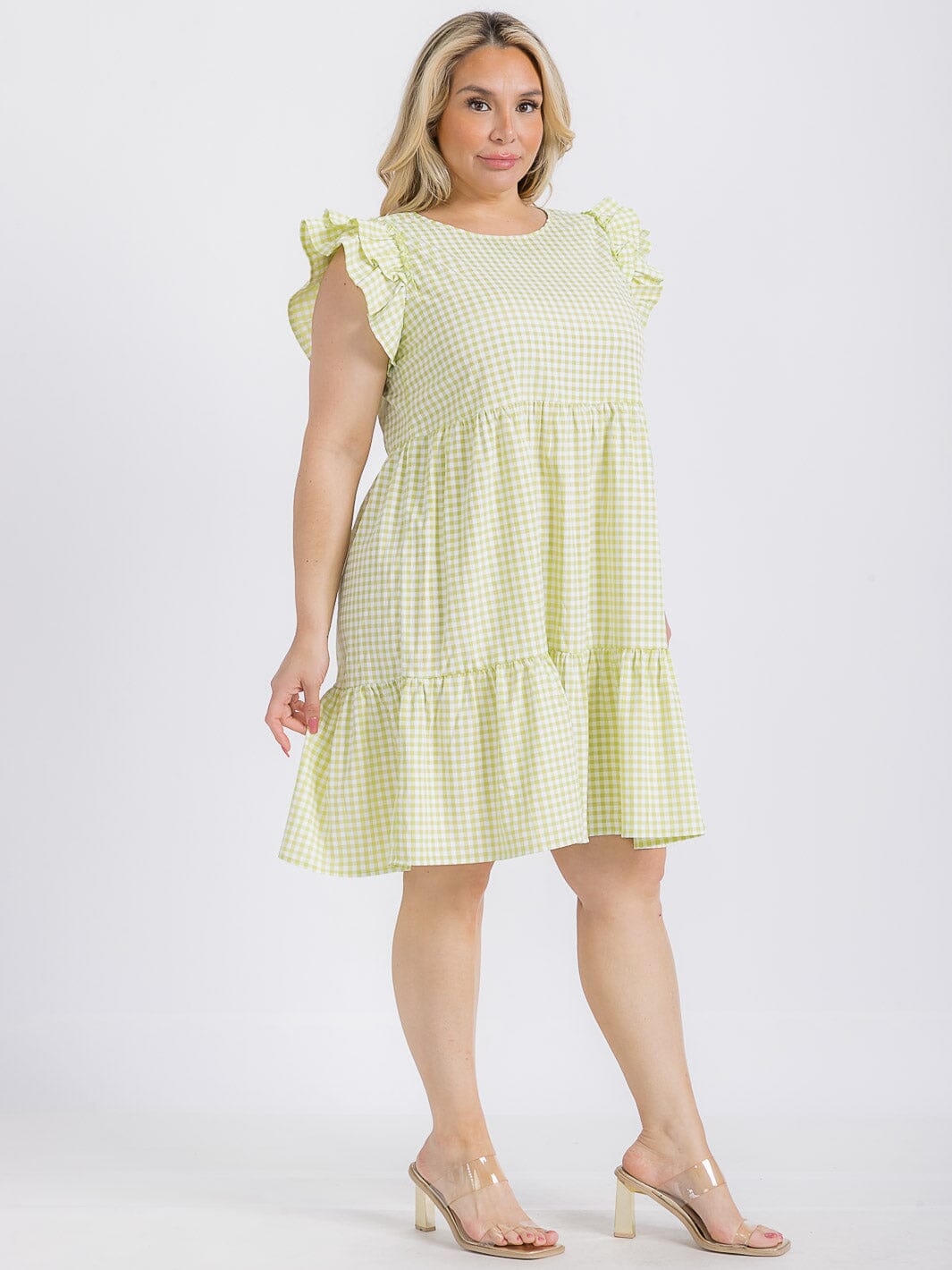 PLUS SIZE RUFFLE SLEEVE TIERED TUNIC PLAID MINI DRESS