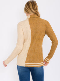 WOMEN'S LONG SLEEVES TURTLE NECK PULLOVER COLORBLOCK SWEATER