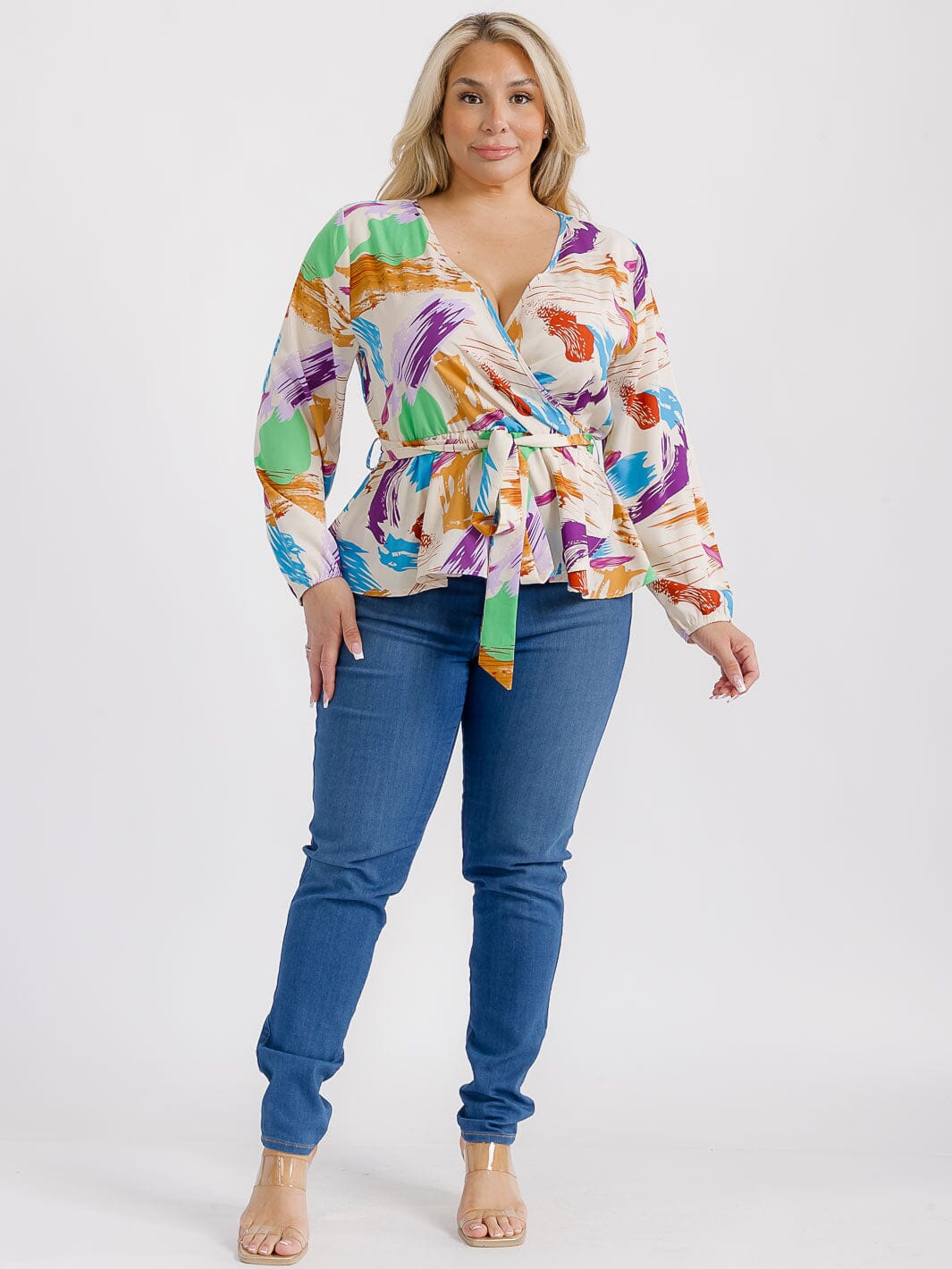 PLUS SIZE LONG SLEEVES SURPLICE SELF TIE MULTI PRINT BLOUSE