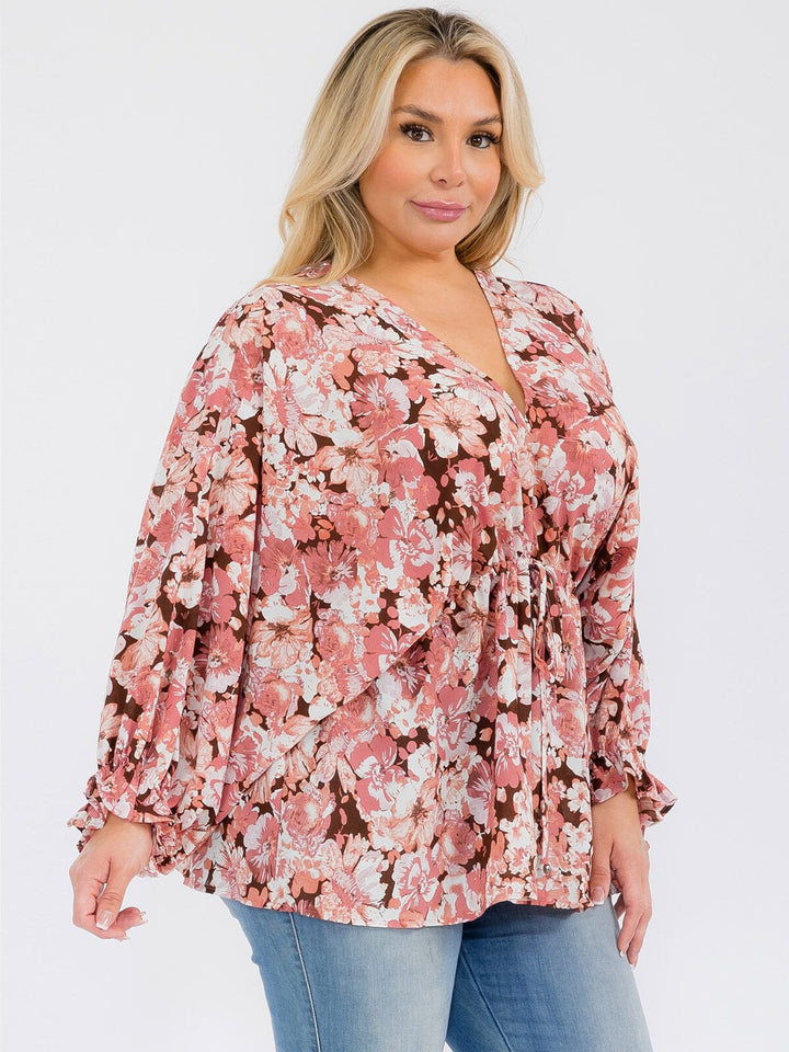 PLUS SIZE LONG SLEEVE V-NECK RUFFLE FLORAL BLOUSE TOP